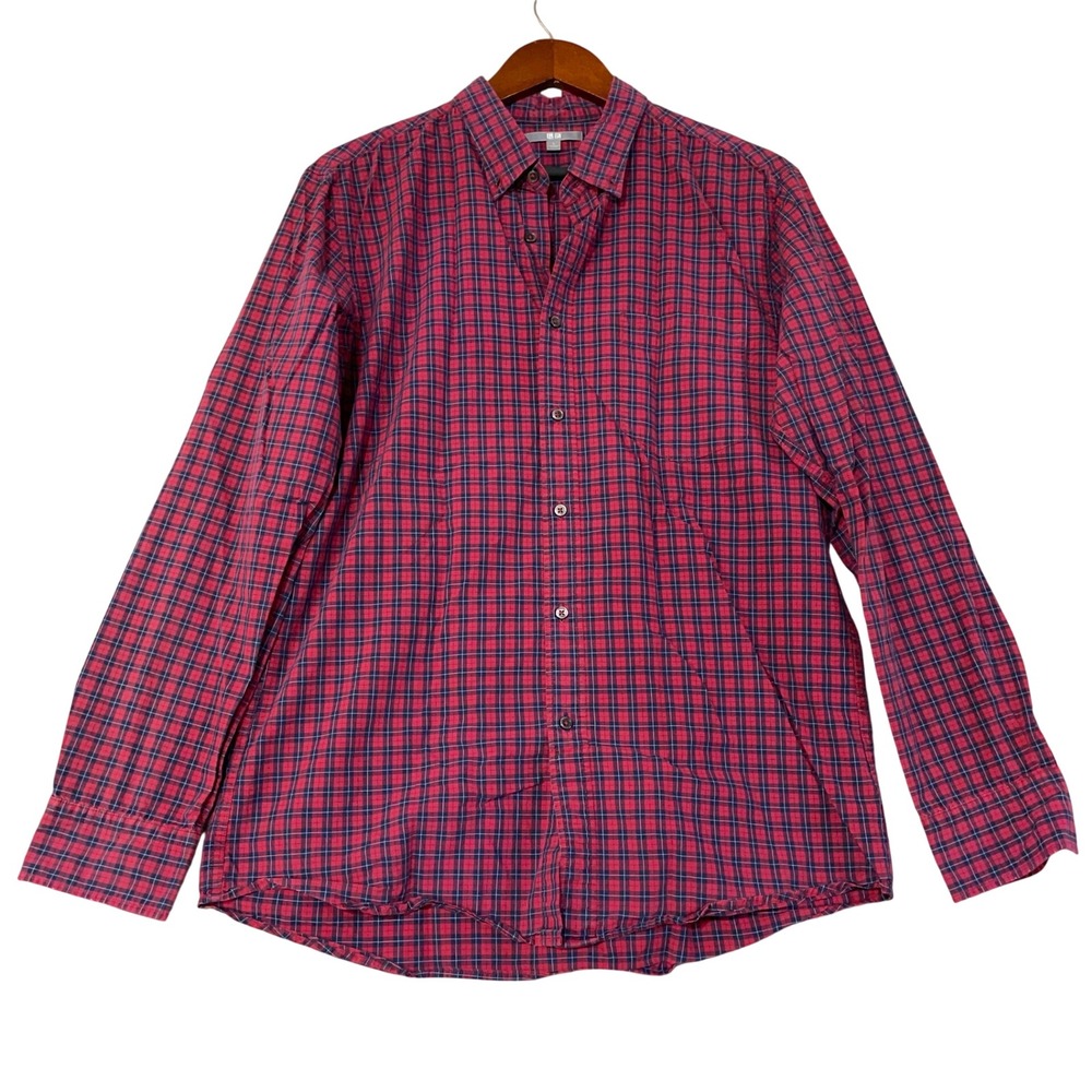 Uniqlo Plaid Button Down Shirt Men's L Red Blue Cotton